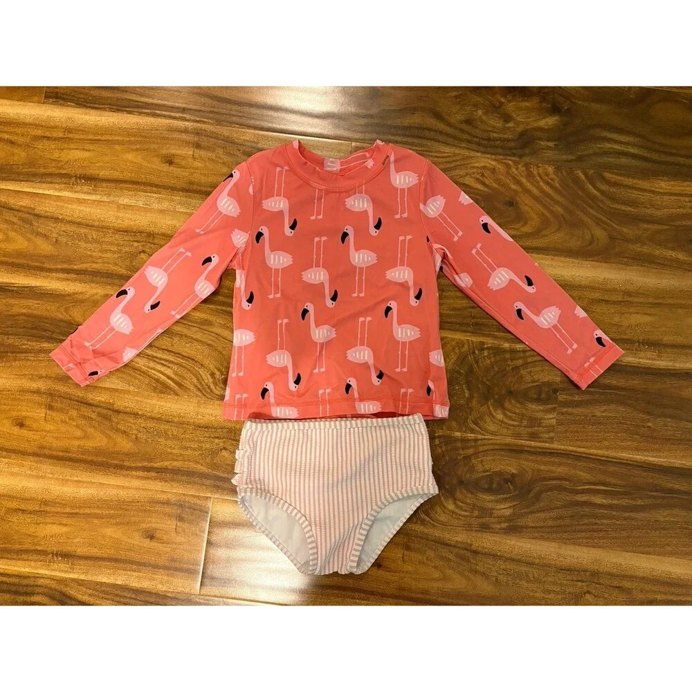 Hanna Andersson Flamingo Rashguard & RuffleButts pink seersucker bottom, Size 4T